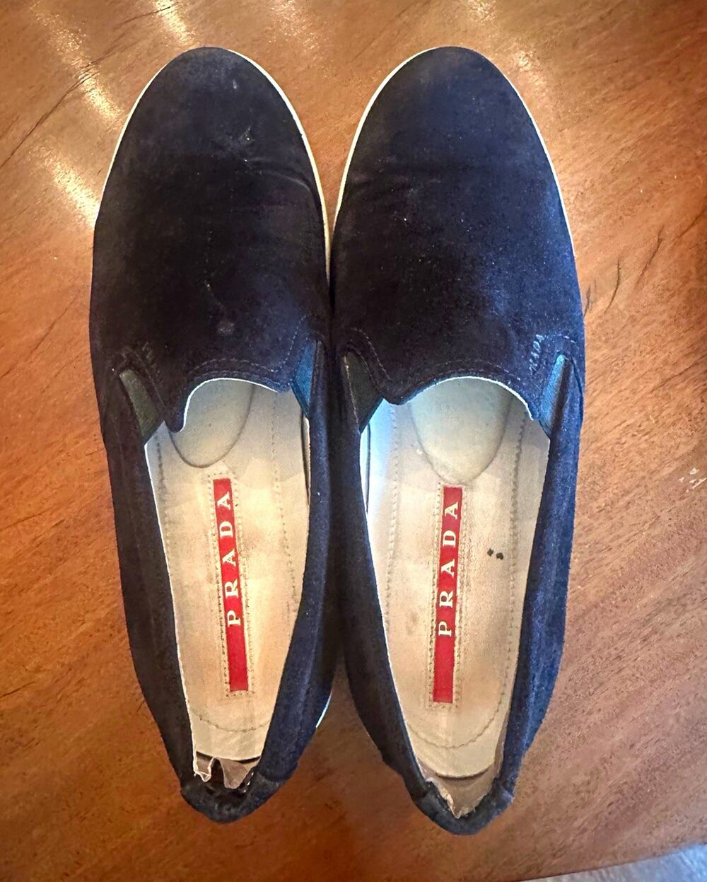 PRADA Black Suede Slip-On Casual Shoes Logo Round Toe US 39